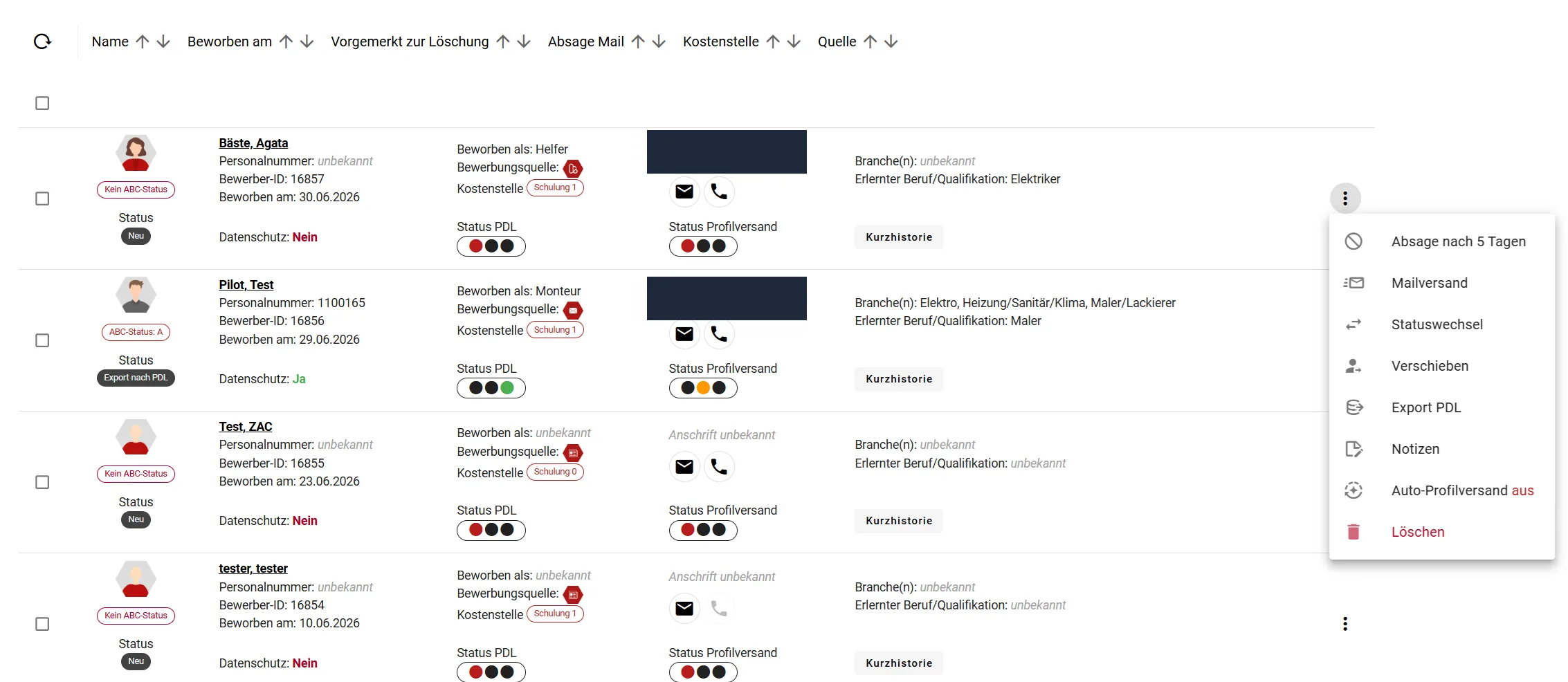 Bewerberübersicht mit Status-Ampeln für PDL-Export und Profilversand (Adressen zur Veranschaulichung unkenntlich gemacht)