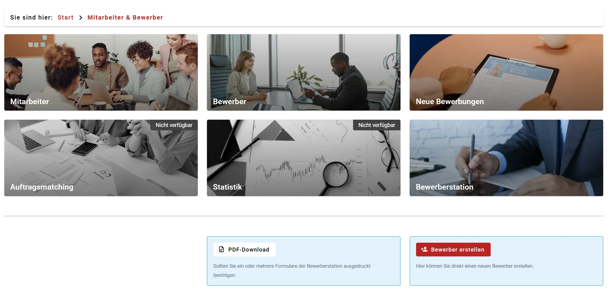 Startdashboard von neuziel recruit mit Kacheln für Mitarbeiter, Bewerber, neue Bewerbungen und Bewerberstation