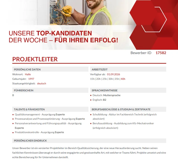 Anonymisiertes Exposé-PDF eines Bewerbers mit Kompetenzen, Werdegang und persönlichem Eindruck